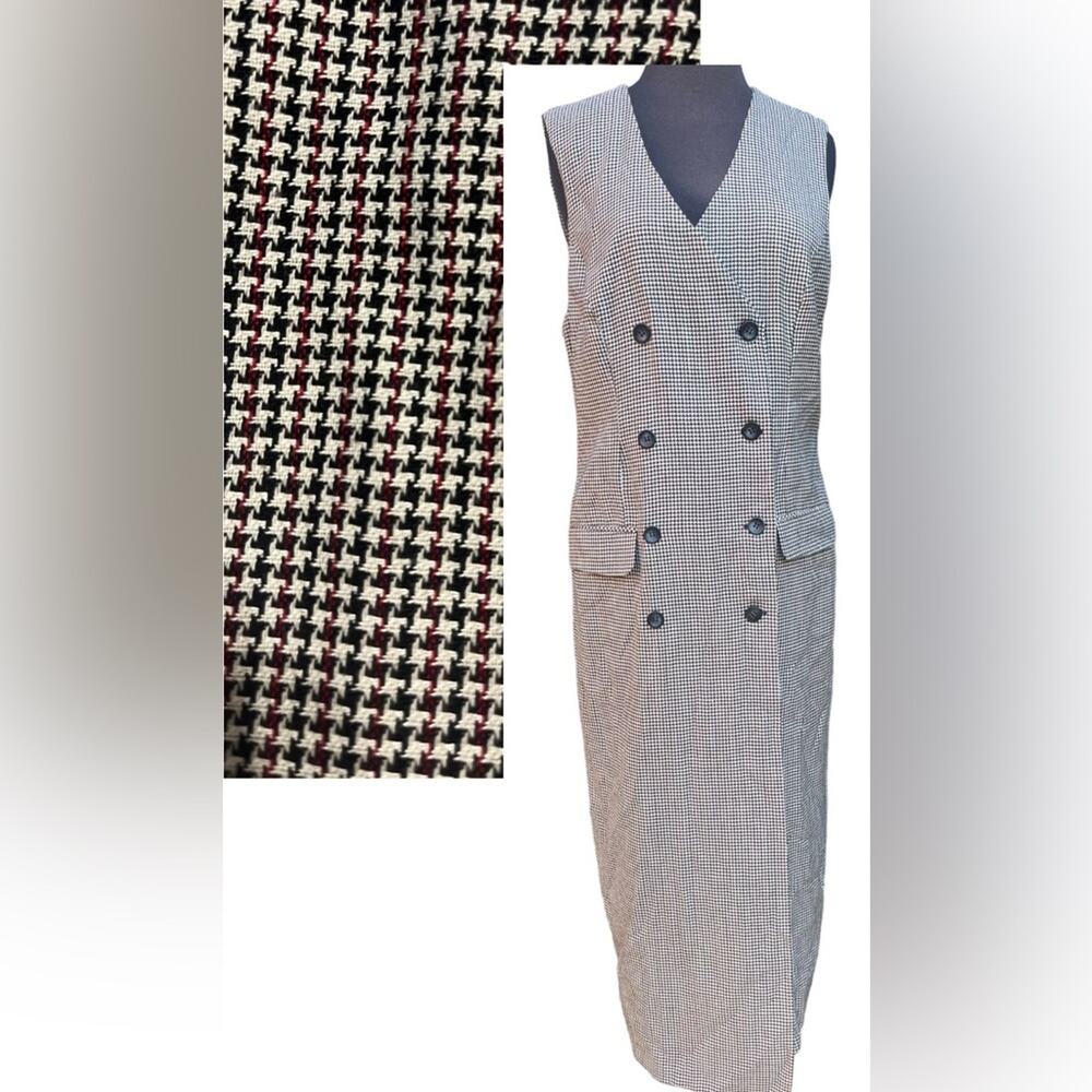 Vtg 90s Preppy Houndstooth Wool Old Money Double Breasted Blazer Midi Dress 12